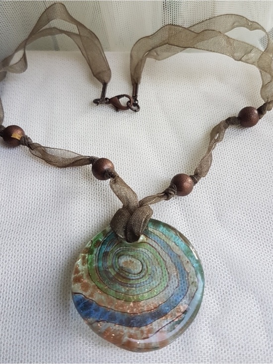 Murano Jewelry - Murano Glass Pendant Choker Necklace in Neutral Colors on Organza Ribbon Cord